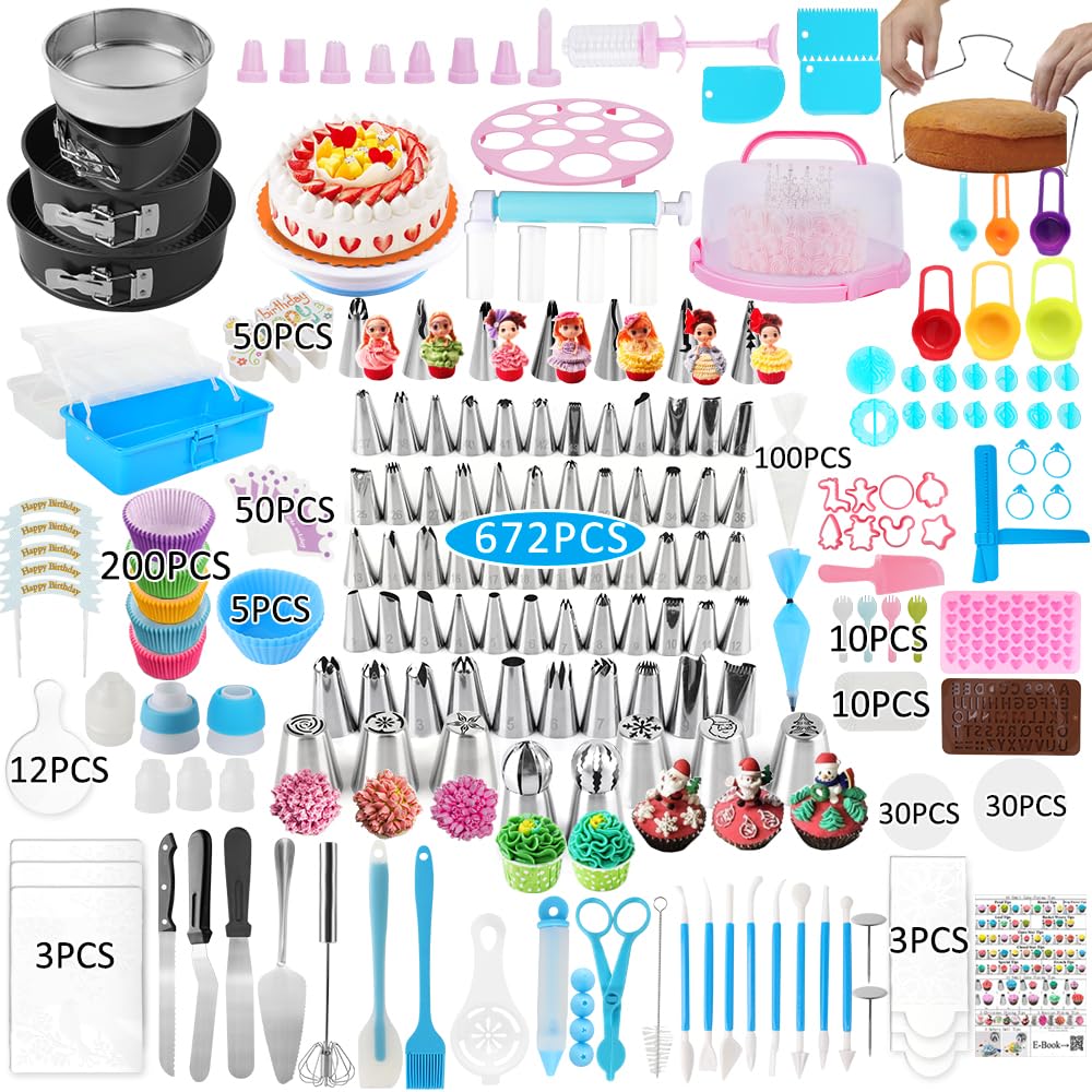 Cake Decorating Kit,635 Pcs Decorating Supplies With 3 Springform Pan Sets Icing Nozzles Rotating Turntable Cake Topper Piping Bags Carrier Holder,Cake Baking Set Tools