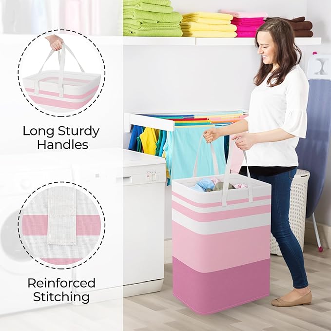 StorageRight Large Collapsible Laundry Basket Hamper with Easy Carry Handles，Freestanding Clothes Hampers for Laundry, Bedroom, Dorm, Towels, Toys, 75L, Pink