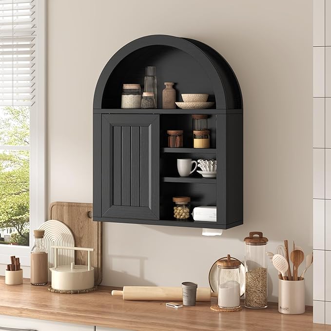 Arched Bathroom Wall Cabinet, 23.6 x 30.3'' Over The Toilet Cabinet With Sliding Barn Door, Adjustable Shelf, Wall Mounted Cabinets for Bathroom Laundry Room Kitchen (Black,Sliding Door, 30IN)