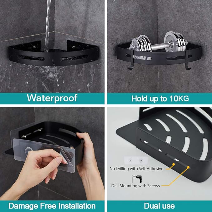 Hoomtaook Adhesive Corner Shelf Bathroom Shower Caddy Organizer for Kitchen Toilet No Drilling 2-Tier Bathroom Corner Shelves Shower Caddies