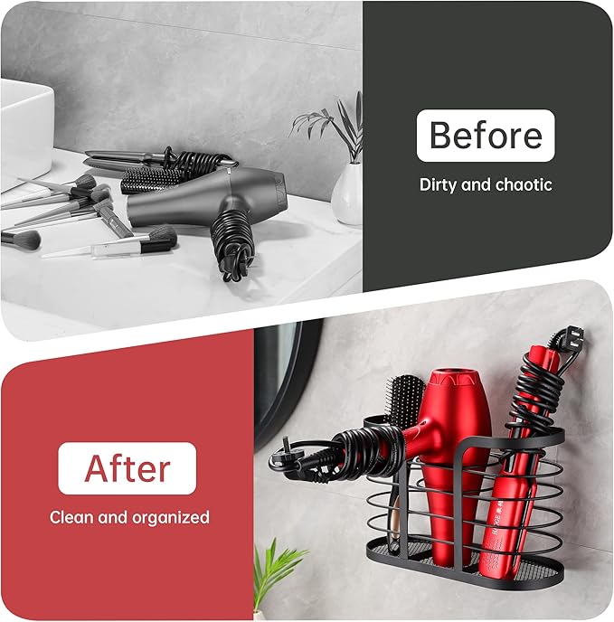 YIGII Hair Dryer Holder - Wall Mount/Adhesive Blow Dryer Holder Bathroom Organizer Hot Tools Organizer for Hair Dryer, Electric Shaver Black
