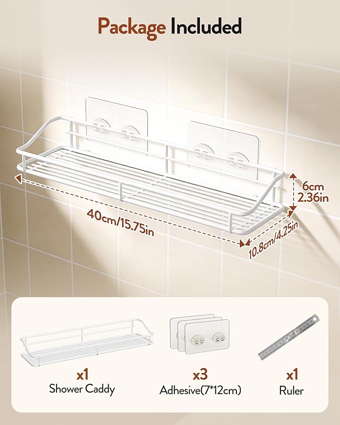 Orimade Bathroom Shelf Organizer Shower Caddy Storage Kitchen Rack with Traceless Transparent Adhesive No Drilling SUS304 Stainless Steel, 15.75inch, White
