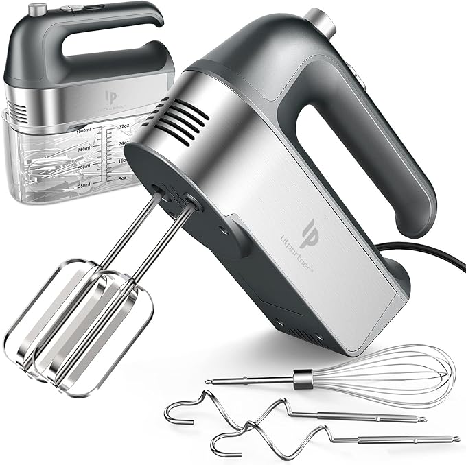 Hand Mixer Electric, 450W Kitchen Mixers with Scale Cup Storage Case, Turbo Boost/Self-Control Speed + 5 Speed + Eject Button + 5 Stainless Steel Accessories, For Easy Whipping Dough, Cream, Red