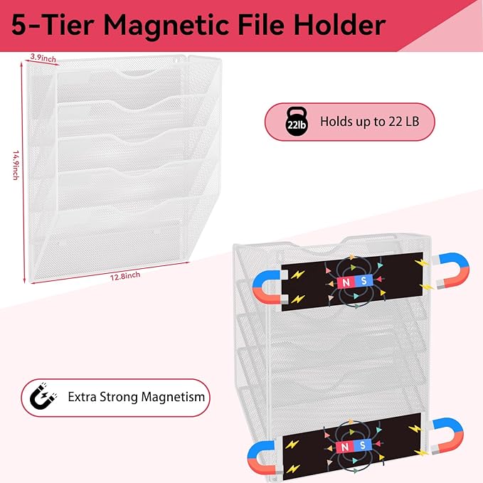 5-Tier Magnetic File Holder, No Drilling Wall File Organizer, File Folder Bins, Mail & Magazine Rack, Magnetic Paper Document Holder for Refrigerator File Cabinets Whiteboard, White