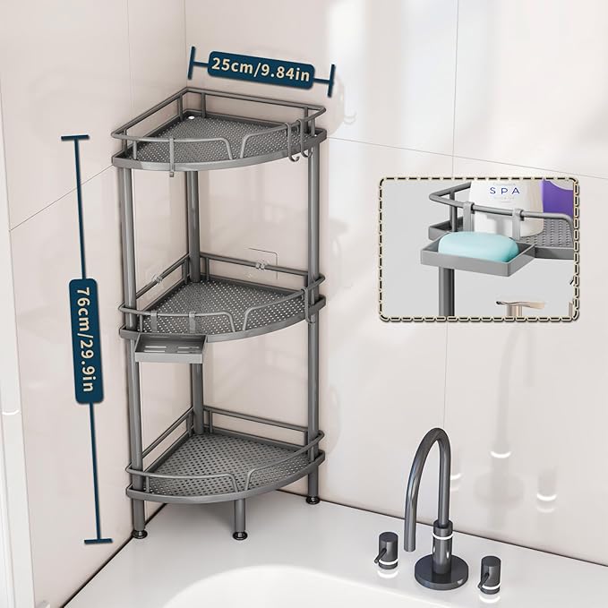 Consumest Corner Shower Caddy Stand - 3 Tier Shower Organizer with Soap Holder, Tall Floor Corner Shelf Standing with Adjustable Feet & 4 Hooks, Storage Rack for Bathroom Grey