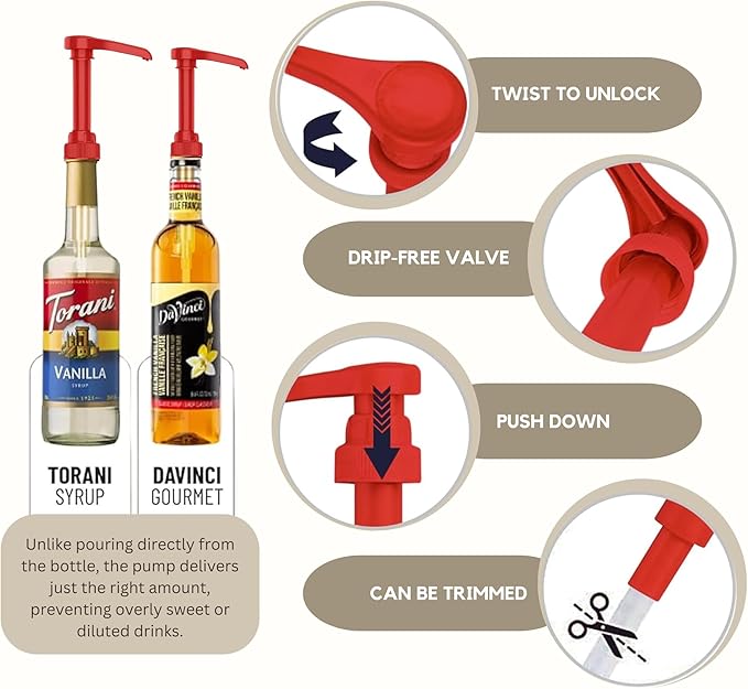 Syrup Pump Compatible with Torani, Davinci and Skinny (Set of 2) - fits Bottles (25.4 oz-750ml) (Red)