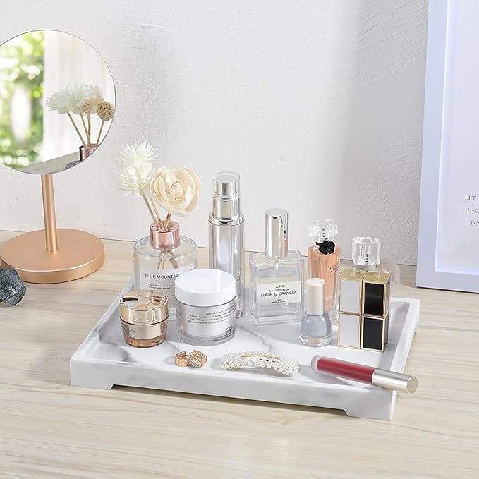 Luxspire Vanity Tray, Bathroom Tray Toilet Tank Storage Tray, Resin Kitchen Sink Serving Trays, Vanity Countertop Organizer for Candles Towel Perfume Holder Dish, Marble Style -Large- Gravel White