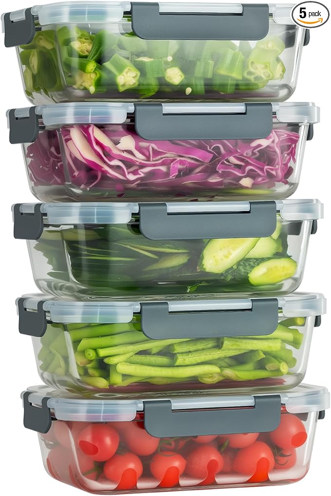 WWWYH.DSS 5 PACK 36 oz Glass Storage Containers with Lids, Grey