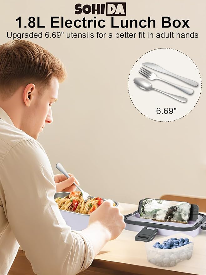 1.8L+0.5L Heated Lunch Box for Men, 80W Electric Lunch Box with Long-handled Utensils for Adults, 12V/24V/110V Lonchera Eléctrica Portátil, Portable Food Warmer for Car/Truck/Office (White)