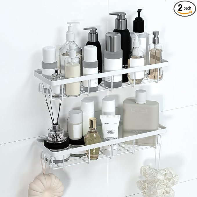 Shower Caddy Organizer with Hooks,Self Adhesive Bathroom Shelves,No Drilling Bathroom Organizers and Storage,Perfect for RV, Apartment, Home Decor,2 Pack White
