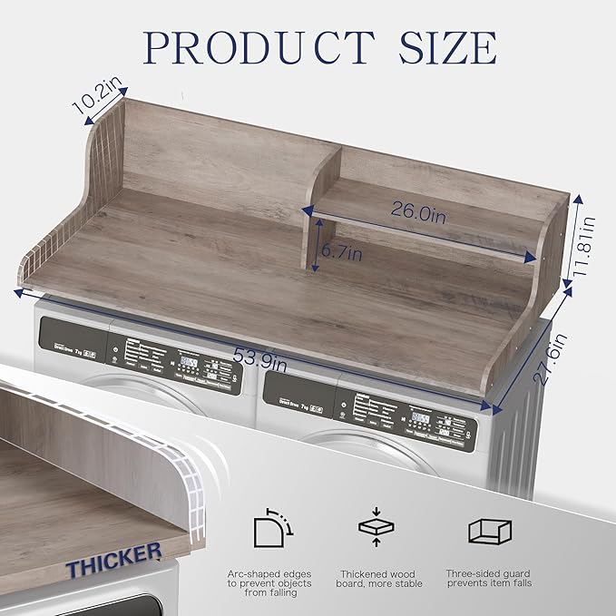 DTK Washer Dryer Wood Countertop with Shelf, Laundry Topper with Non-Slip Mat,27.55" Depth x 54" Width Dryer Covers for The Top with Edge Rails (Rural)