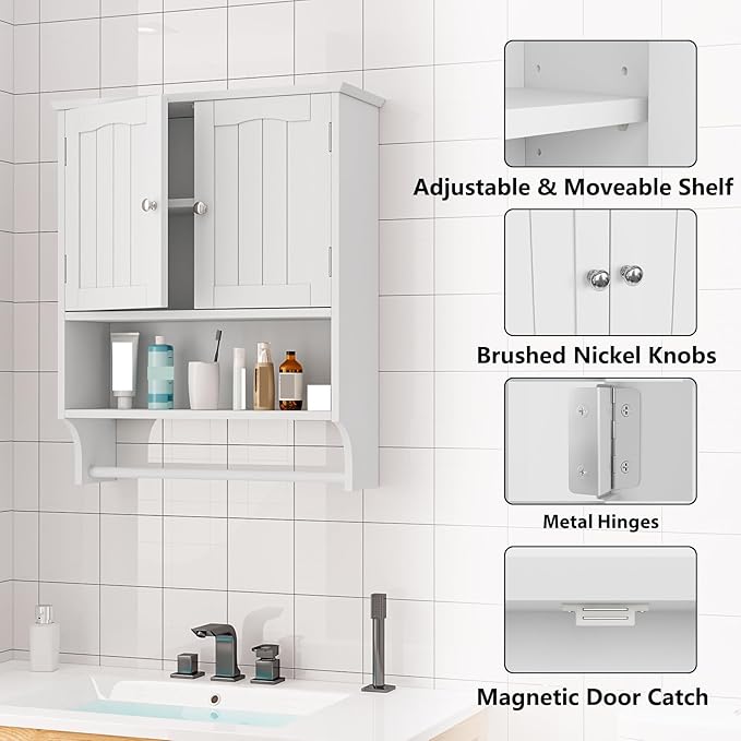 Bathroom Wall Cabinet, Bathroom Cabinet Wall Mount with 2 Doors and Open Shelf, Over The Toilet Wall Storage Cabinet, Bathroom Medicine Cabinet
