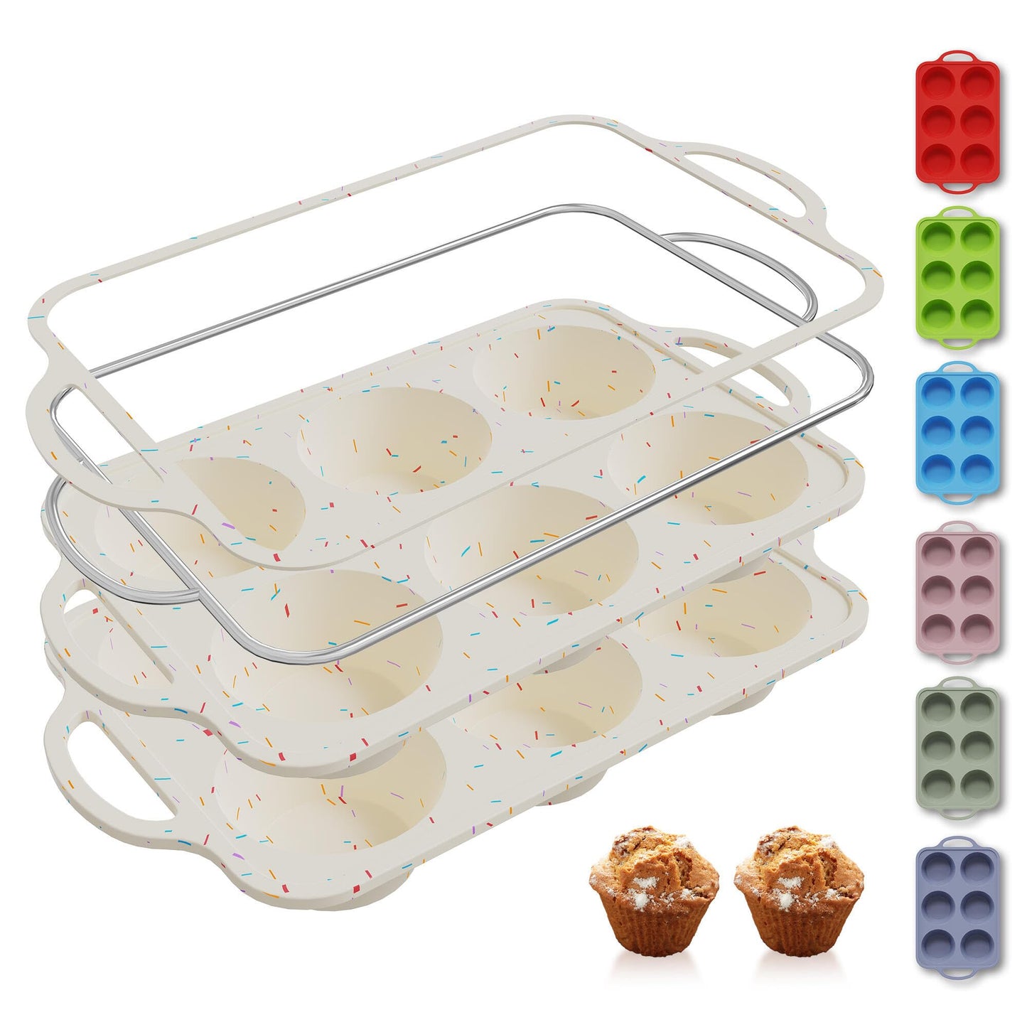 2 Packs 12 Cups Silicone Muffin Pan for Baking with Metal Reinforced Frame Regular Size Cupcake Pan Tray Chocolate Egg Pizza Bites Oven Top Cookie Molds Muffin Tin Tart Pans Sheet Set Bakeware Liner