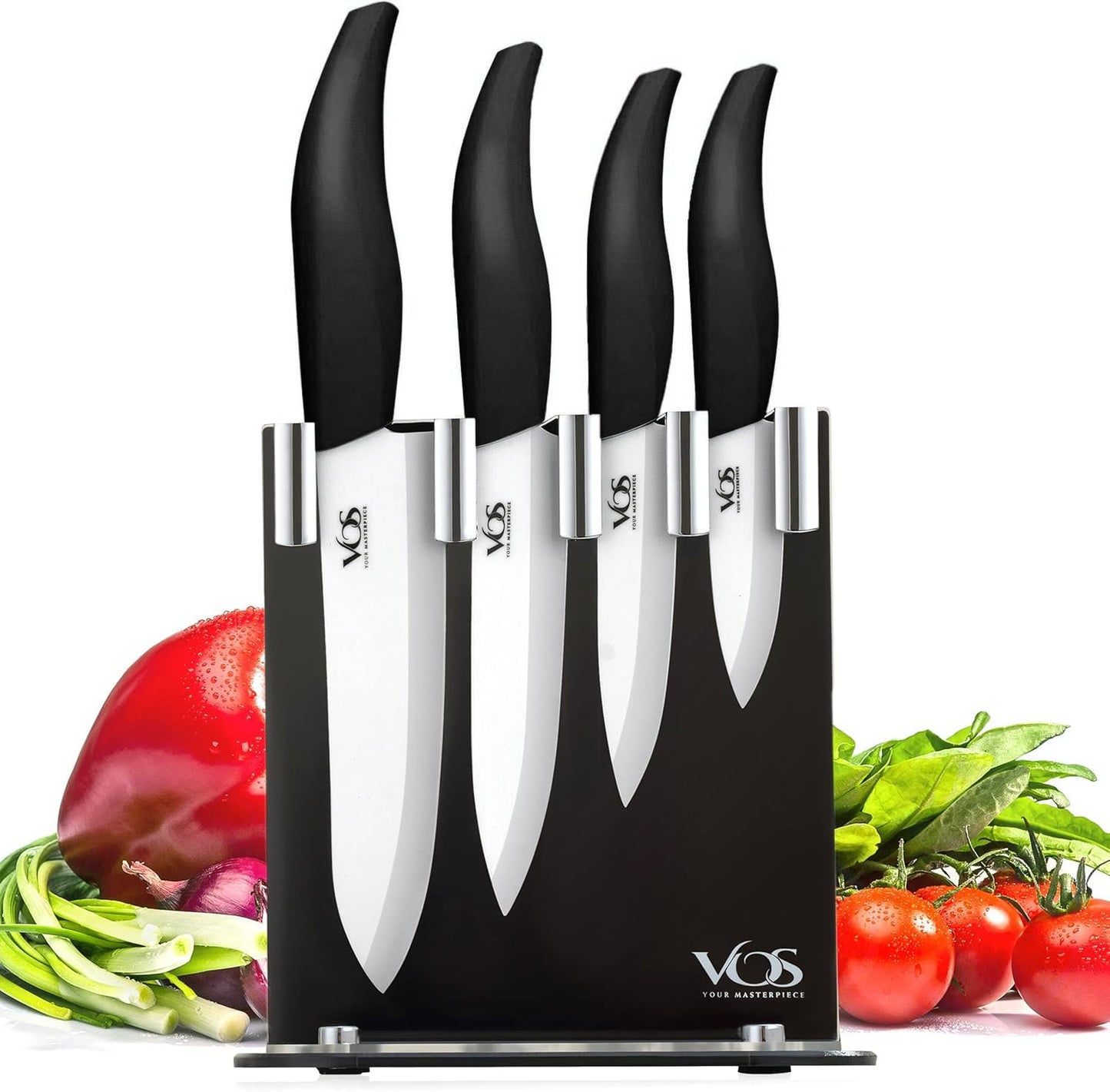 Vos Ceramic Knife Set in Elegant Gift Box, Ceramic Knives Set For Kitchen, Ultra Sharp Kitchen Knife Set with Covers, 4" 5" 6" Paring, Santoku & Chef Knife, Lightweight, Dishwasher safe (Black Handle)
