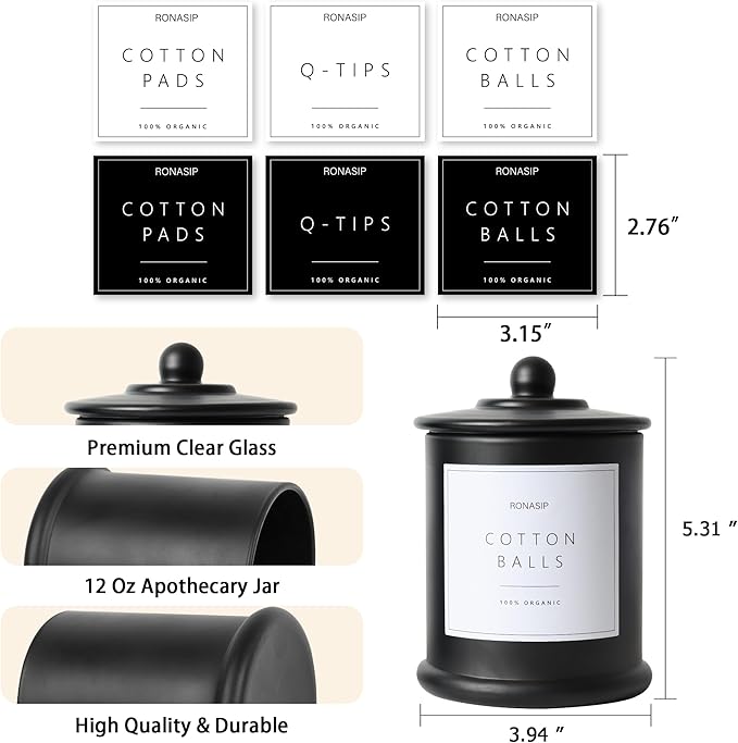 3 Pack Qtip Holder Dispenser, 16oz Bathroom Organizer and Storage Canisters, Glass Apothecary Jars with Lid - Home Decor, Room Decor Aesthetic (Black)