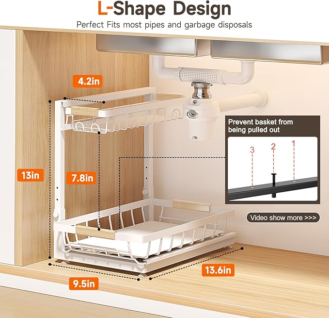 2 Packs Under Sink Organizer, Height Adjustable 2 Tier Under Kitchen sink organizer, Multi-Purpose Storage Shelf for Kitchen Bathroom Cabinet (White, Large)