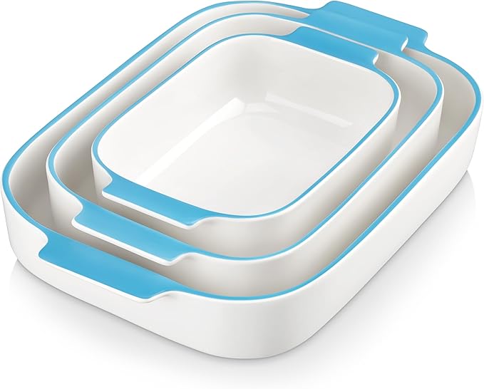 MALACASA Ceramic Casserole Dishes Set of 3, Red Trim Baking Dish for Oven