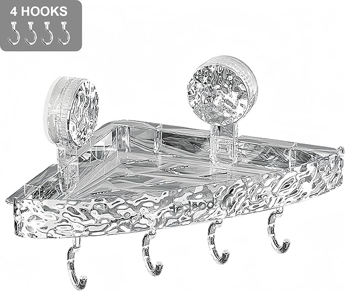 Corner Shower Caddy Suction Cup, Wall Mounted Suction Shower Rack Organizer, No Drilling Shower Shelf, Clear Basket with 4 Movable Hooks, Bathroom Storage Rack (clear, 90°corner)