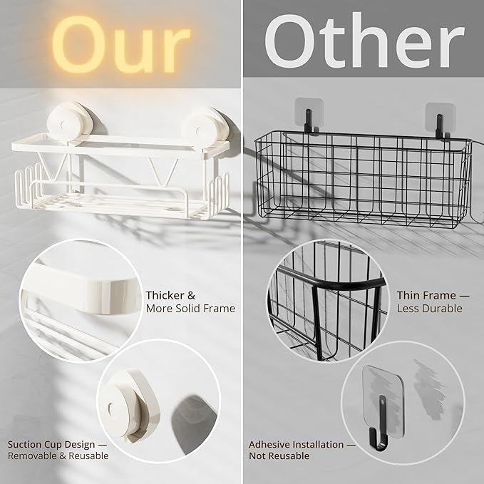 KEGII Shower Caddy Suction Cup with Hooks, Large Capacity Shower Suction Shelf, Heavy Duty Bathroom Organizer, No Drilling Stainless Steel Shampoo Holder for Bathroom Storage, Cream White