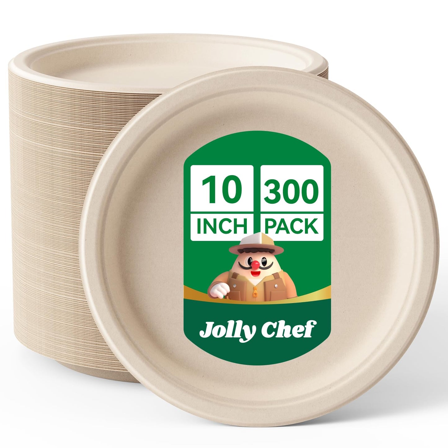 JOLLY CHEF Compostable Heavy Duty Plates 𝟭𝟬 𝗜𝗻𝗰𝗵 [𝟱𝟬𝟬 𝗣𝗮𝗰𝗸] Eco-Friendly Disposable Paper Plates Natural Bagasse Biodegradable Sugarcane Bulk for Party Hot Cold Dinner Christmas (Brown)