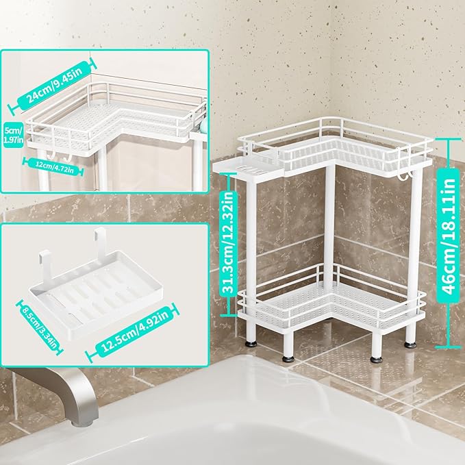 HapiRm Corner Shower Caddy Standing - 2 Tier Shower Organizer Corner with Soap Holder, Rustproof Bathroom Standing Organizer with 2 Hooks, White