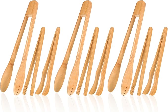 Zopeal 9 Pcs 7 and 12 Inch Bamboo Toaster Tongs, Wooden Tongs for Cooking