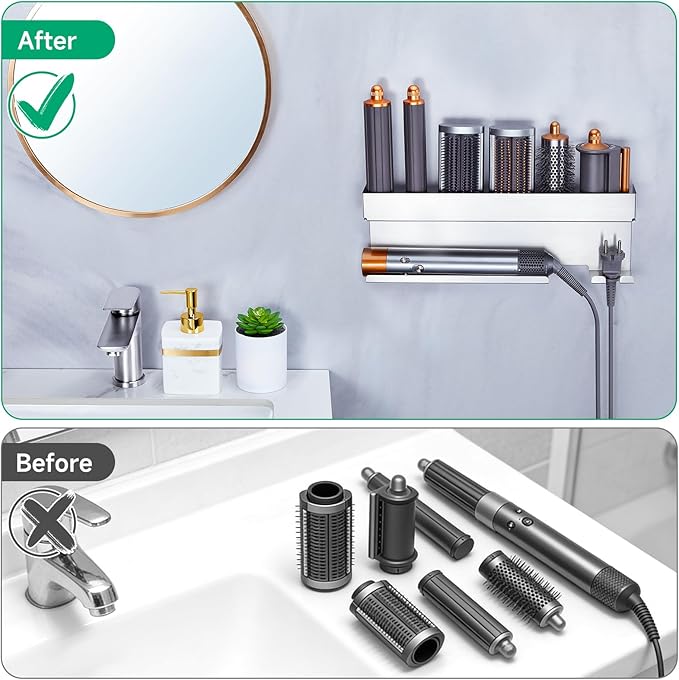 Storage Hair Dryer Holder for Curling Iron Wands Accessories, Hair Straightener Holder, Wall Mount Hair Tool Organizer for Styler Attachments, Curling Iron Holder Organizer for Bathroom, Silver