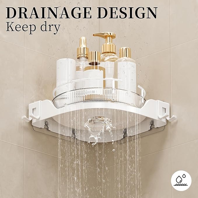 360° Rotating Corner Shower Caddy (2-Pack) - Lazy Susan Bathroom Organizer with Hooks, No-Drill Adhesive Mount for Shower, Kitchen, RV, Space-Saving ABS Plastic Shower Shelf