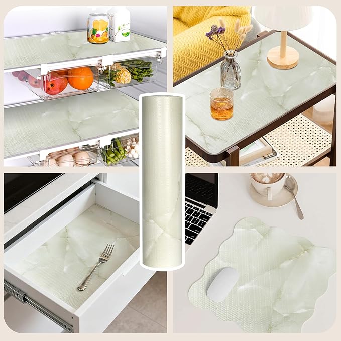2-Layer Drawer and Shelf Liner for Kitchen Cabinet: 12in X 20Ft Non Slip Waterproof Shelf Paper Non Adhesive Refrigerator Liners Cyan Marble Easy Liners for Bathroom with Knife Tape Measure