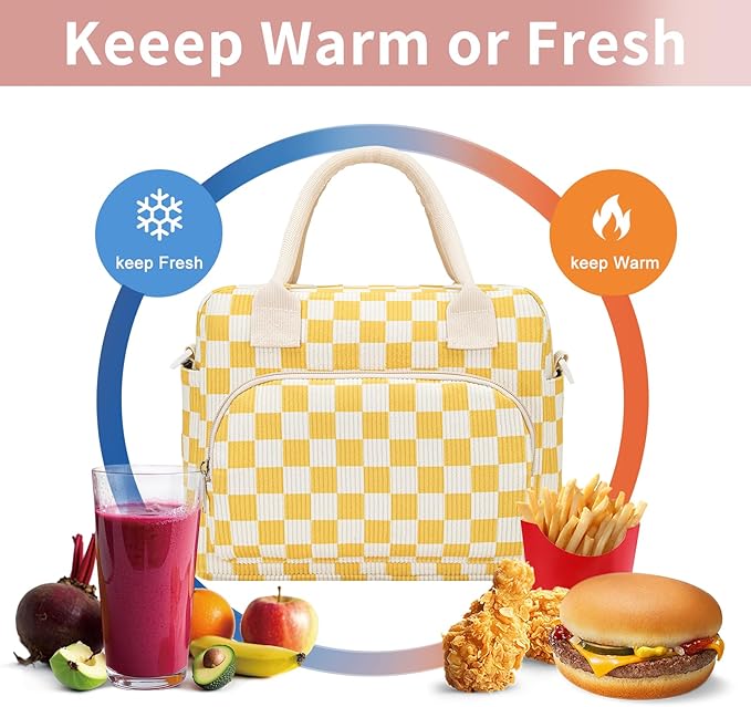 Lunch Bag Women Lunch Box for Women Adult Cute Insulated Lunch Bag Lager Cooler Lunch Tote Bags for Work Picnic (Beige-Yellow Plaid)