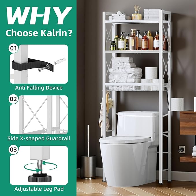 Over The Toilet Storage with X Shape Side Guardrail, 3-Tier Over Toilet Storage Rack with Drain Basket, Freestanding Bathroom Organizer for Balcony Laundry, Pure White