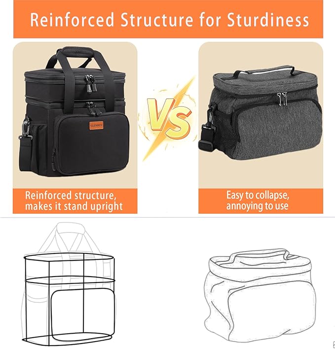 Expandable Insulated Large Lunch Box, Double Deck Heavy Duty Durable Lunch Bag Leakproof Cooler Bags for Men Women Adults Work Shift Flight Beach Daytrip, 20 Can, Black, GLENKEY