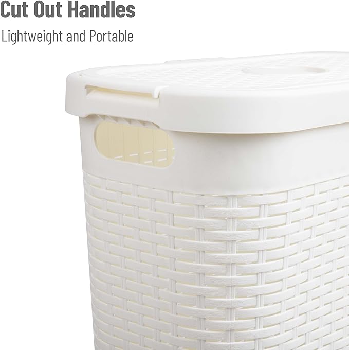Mind Reader Slim Laundry Hamper with Lid, 40L Clothes Basket, Premium Wicker Design, Plastic, Set of 2, White