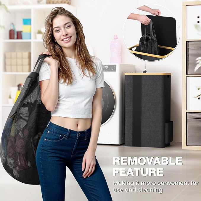 BlissTotes Laundry Basket with Lid, 100L Clothes Laundry Hamper with Handles and Removable Laundry Bag, Breathable Design Hamper with Lid for Bedroom, Bathroom, Dorm, Laundry Room - Dark Grey