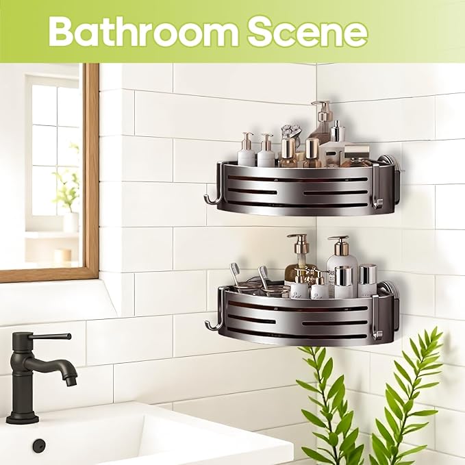 Corner Shower Caddy Suction Cup,Shower Shelves with Hooks,No Drilling Powerful Suction Bathroom Organizers and Storage,Removable Waterproof Rustproof Shower Bathroom Accessories Decor(Grey 2Pack)