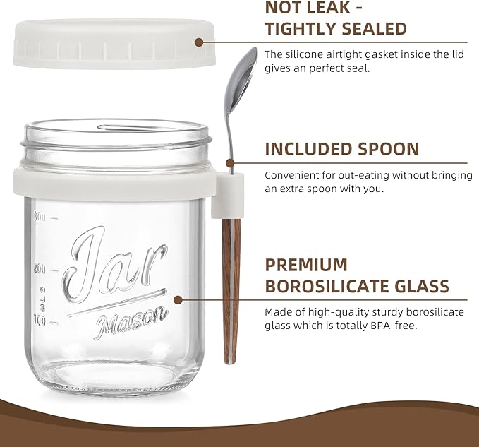 6 Pack Overnight Oats Containers with Lids and Spoons, 16 oz Glass Mason Overnight Oats Jars, Large Capacity Airtight Jars for Milk, Cereal, Fruit(White)