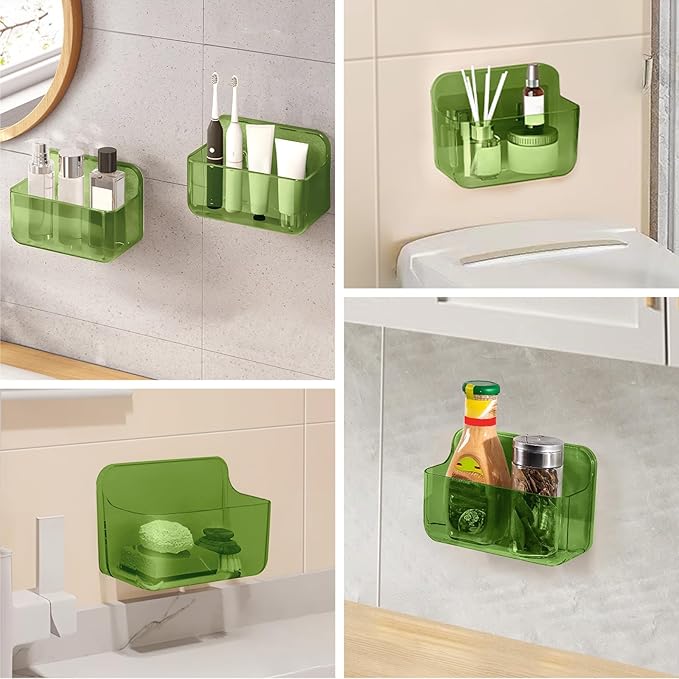 CGBE 2 Packs Cabinet Door Organizer, Acrylic Adhesive Shelf Wall Mounted Storage, Self Adhesive Shower Shelves Without Drilling, Automatic Draining Clear Shower Organizer for Bathroom (Green)