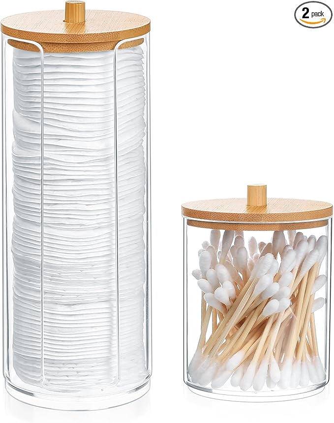 2 Pcs Qtip Holder, Cotton Pads Balls Dispenser Holders, Clear Cotton Swab Makeup Canister, Apothecary Jar Holder Organizer with Bamboo Lid for Bathroom Tabletop Vanity Makeup Storage Box