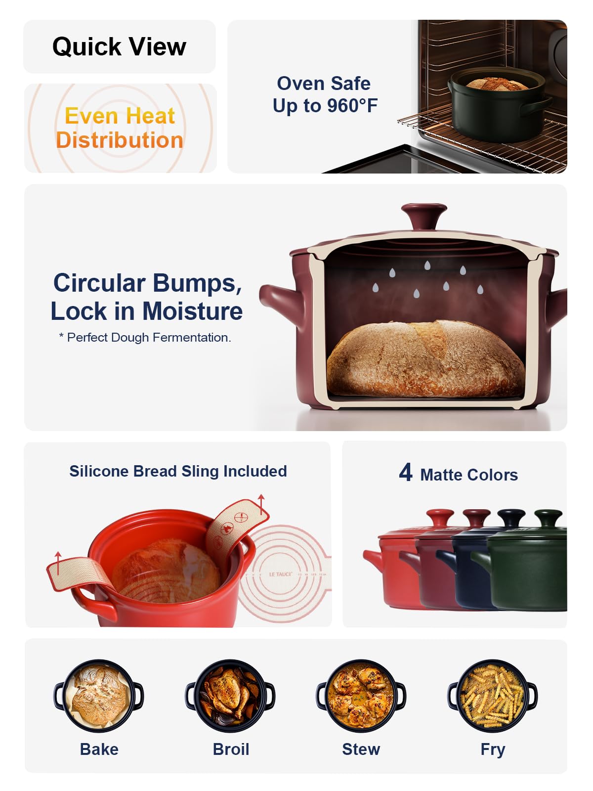 LE TAUCI 3 QT Ceramic Bread Baker with Lid for Sourdough, Covered Bread Baking Pot with Natural Steam Retention, Oven Safe to 500°F, Silicone Bread Sling Included, Forest Green