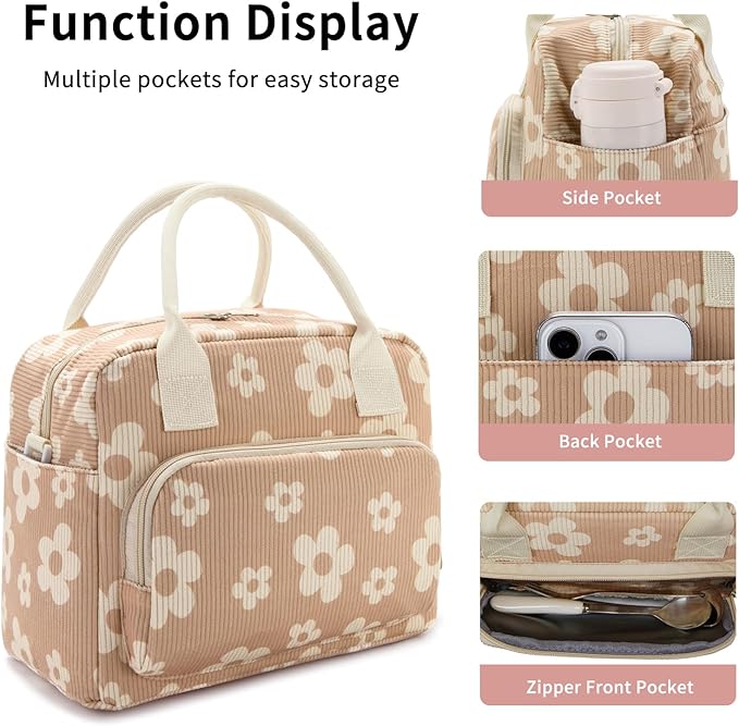 Lunch Bag Women Lunch Box for Women Adult Cute Insulated Lunch Bag Lager Cooler Lunch Tote Bags for Work Picnic (Brown-Flower)