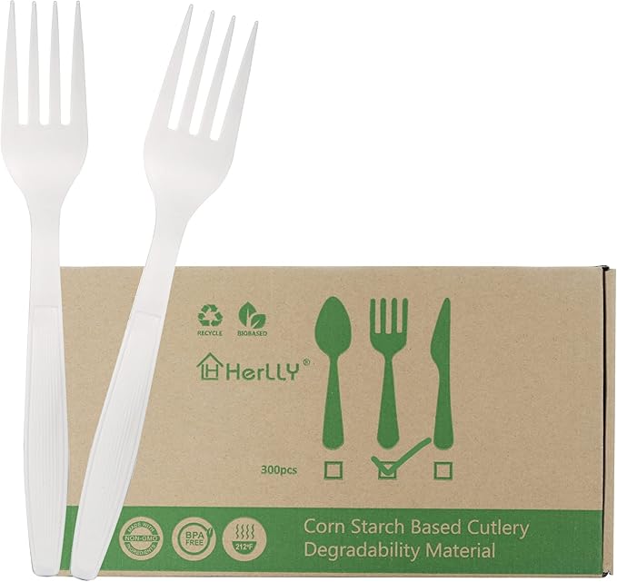 HERLLY Compostable Fork,100 Biodegradable Silverware for Party,Large Disposable Utensils Eco Friendly Durable and Heat Resistant,Alternative to Plastic Fork