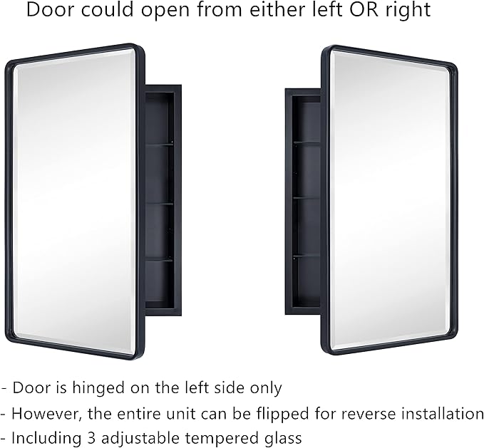 TEHOME Farmhouse Black Metal Framed Recessed Bathroom Medicine Cabinets with Mirror Rounded Rectangle Medicine Cabinet with BeveledMirros,16.5x27.5''