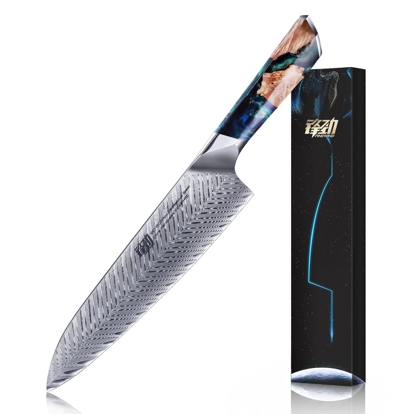 FINDKING Nebula Series Kitchen Utility Knife with ABS Sheath, Versatile Small Petty Knife, 10Cr15CoMov Damascus Blade, Resin and Figured Sycamore Handle, Full Tang, 5 Inch, Blue, for Fruit, Steak