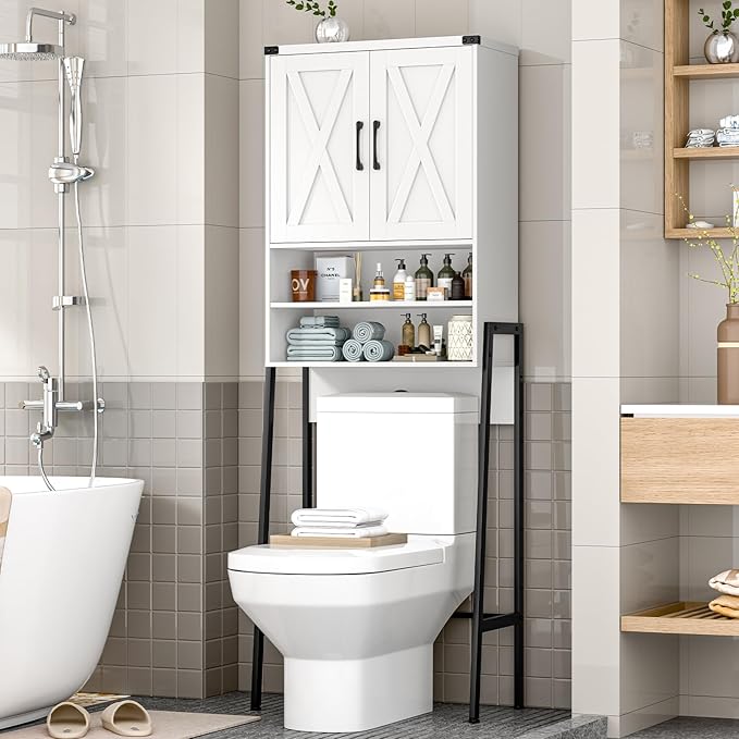 Vabches Over The Toilet Storage Cabinet, Farmhouse Over Toilet Storage Cabinet, Metal Frame with 2 Barn Doors, Home Space-Saving Toilet Rack for Bathroom, Toilet, Laundry Room