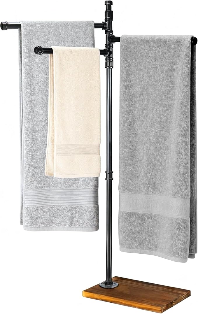 Hjarta 360° Swivel Standing Towel Rack, Free Standing Towel Holder with Wooden Base, Towel Stand with 3 Arms for Bathroom, Poolside