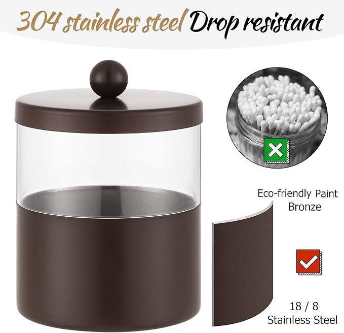 Gaussra Chocolate Brown Qtip Holder, Bathroom Jar - Stainless Steel Apothecary Jars with Stickers - Farmhouse Decor Qtip Dispenser for Qtips, Cotton Balls, Swabs, Makeup Sponges (2-Pack)