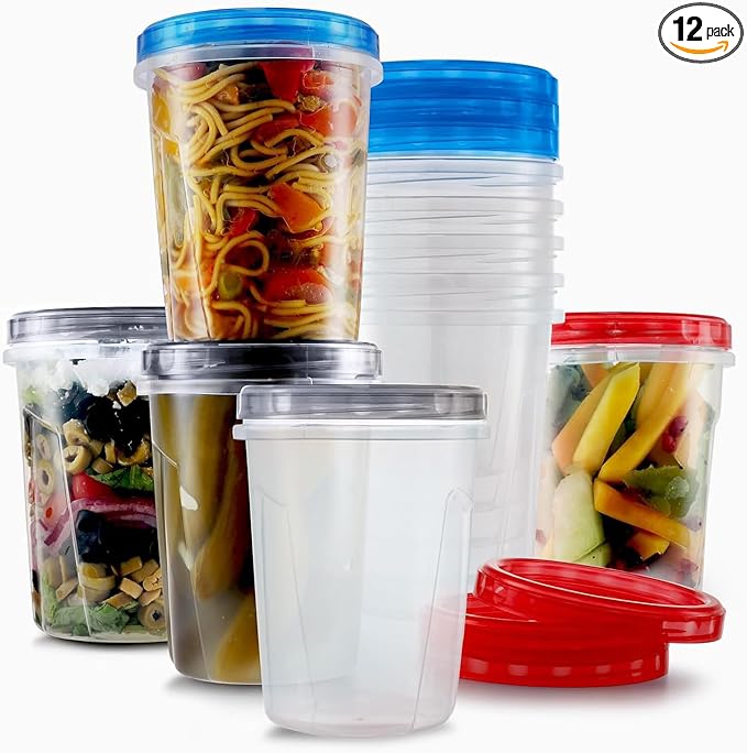 Tafura 12 Pack Leakproof Freezer Containers for Food with Twist Top Lids - 32 Oz - Black/Blue/Red Lids