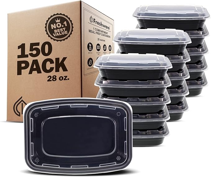 Freshware Meal Prep Containers [150 Pack] 1 Compartment Food Storage Containers with Lids, Bento Box, BPA Free, Stackable, Microwave/Dishwasher/Freezer Safe (28 oz)