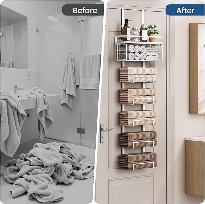 Towel Racks for Bathroom Over The Door Towel Racks Towel Storage Organizer with Metal Shelf Basket for Bathroom Rv Camper (7-Tier White)