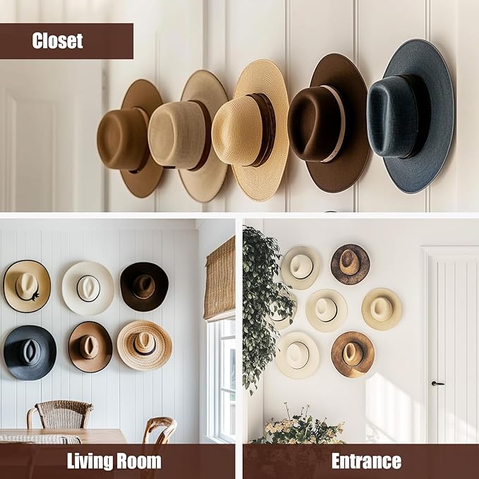 2.8 Inch Hat Hooks for Wall - (8 Pack) Cowboy Hat Rack, Strong Adhesive Cap Holder, Organizer for Baseball Caps, Western Room Decor - Black